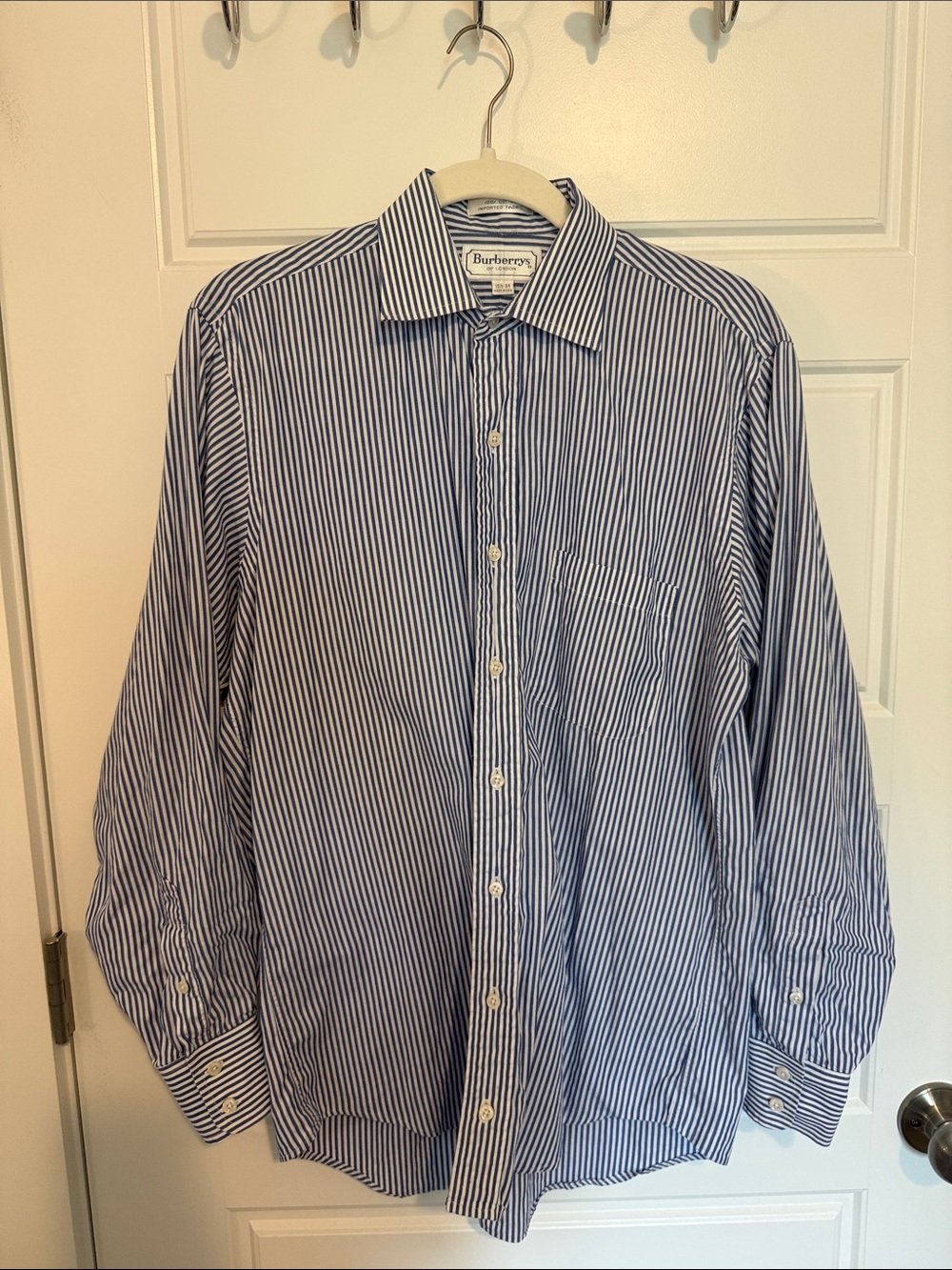 Vintage Burberry Men's Navy and White Stripe Dress Shirt